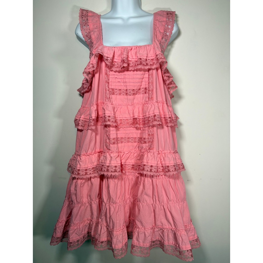 Unbranded Tiered Ruffle Mini Dress Pink Lace Trim Cotton Romper Small